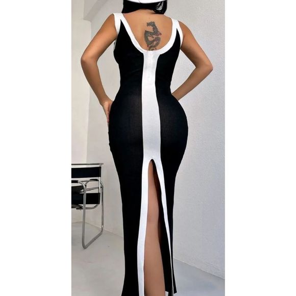Bold Black and White Contrast Classic Dress - Picture 4 of 5
